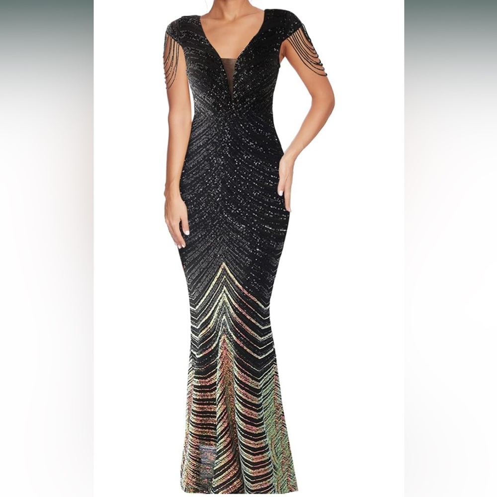Beautiful Sequin Formal Fringe Gown with Bead Sleeve Evening Gowns V Neck